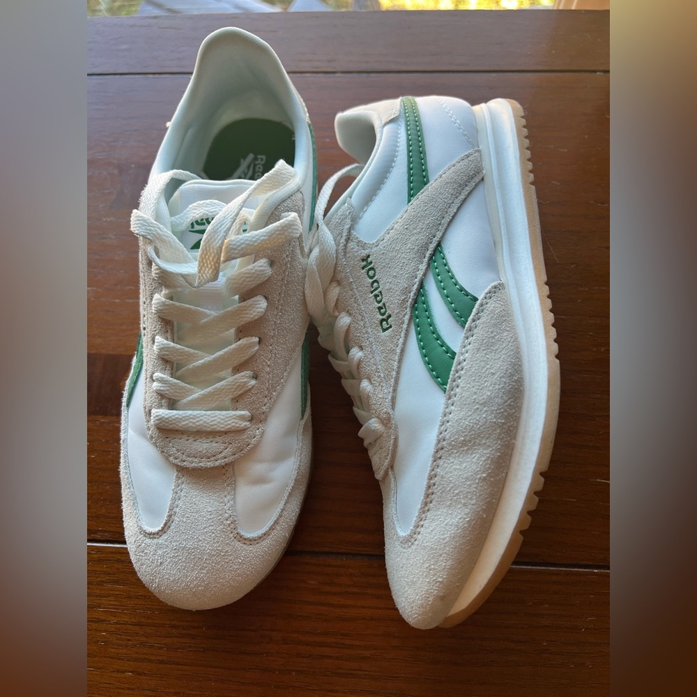 Reebok White and Green Classic Sneakers
